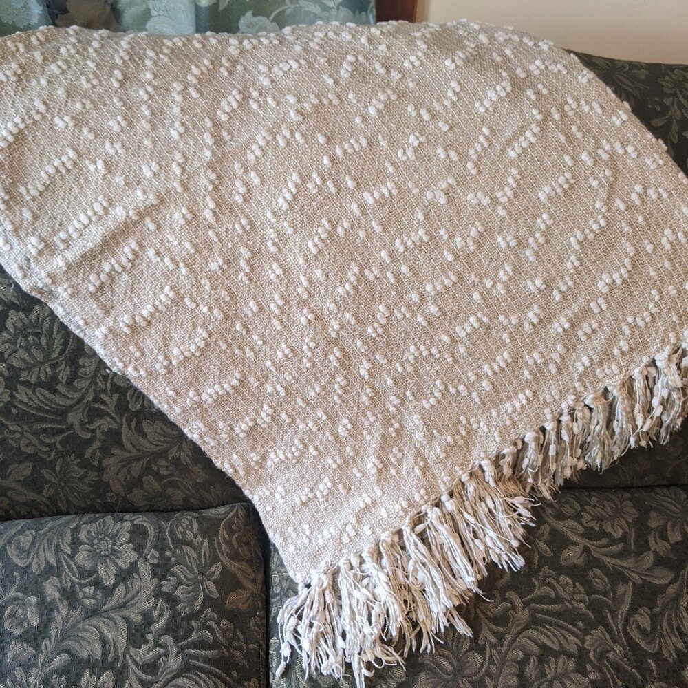 Christian Siriano NY Woven Light Beige Tan Throw Fringe  52x 62in Acrylic Soft
